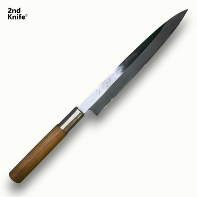 Couteau japonais Yanagiba vintage rénové – vue de face, lame 20 cm en acier Shirogami