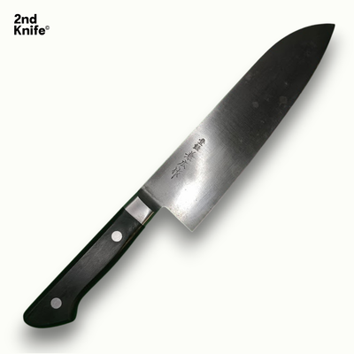 Couteau japonais Santoku vintage rénové – vue de face, lame 17 cm en acier Shirogami
