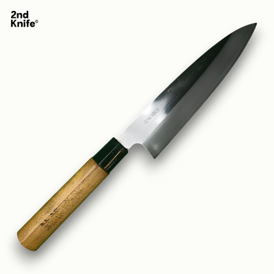 Couteau japonais Deba Yoshimitsu rénové vue de face – lame 17,5 cm en acier carbone, forge de Sanjo