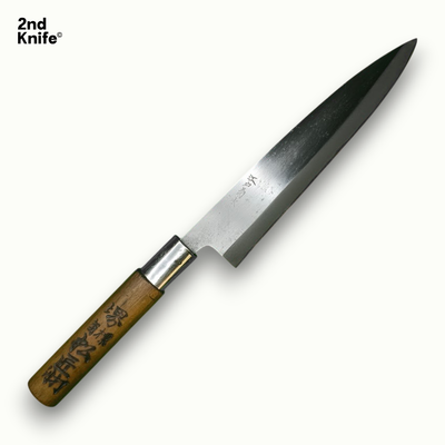 Couteau japonais Deba effilé rénové en acier Yasugi – vue de face
