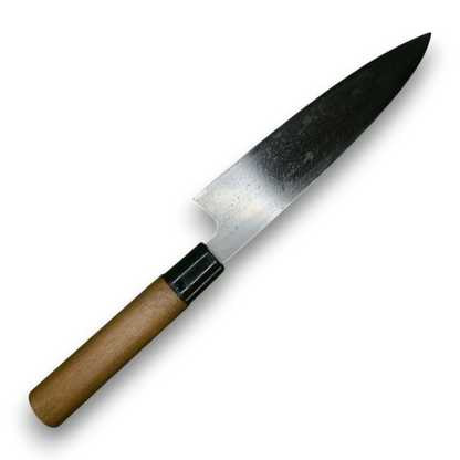 Dos du couteau Deba Yoshimitsu rénové – vue de l’autre face de la lame en acier carbone japonais
