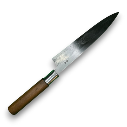 Couteau Deba effilé rénové – vue de l’autre face de la lame en acier Yasugi
