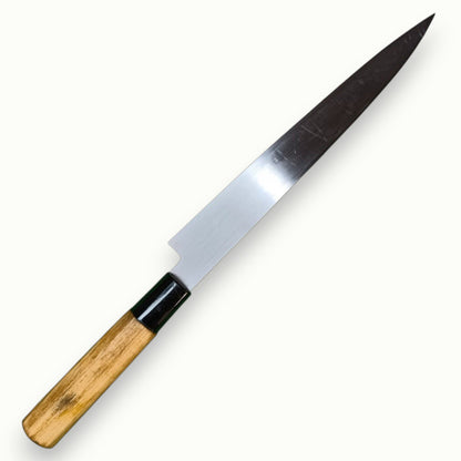 Manche bois patiné couteau Yanagiba Sakai Kanetsugu patine authentique