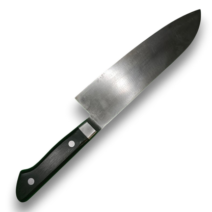 Santoku japonais rénové – vue de l’autre face de la lame carbone vintage
