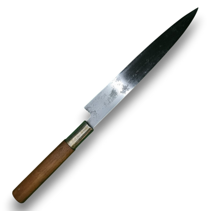 Yanagiba japonais rénové – vue de l’autre face de la lame carbone vintage
